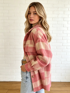 SWEET BABE Veste en polaire à carreaux pour femme, manches longues, col rabattu, tenue décontractée d'automne - Product Image 2