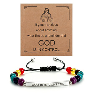 Pulsera <span class=keywords><strong>de</strong></span> 7 Chakras con Cordón Trenzado <span class=keywords><strong>de</strong></span> Piedras Naturales, Grabado con la Frase GOD IS IN CONTROL, Barra <span class=keywords><strong>de</strong></span> Acero Inoxidable Ajustable, Joyería Cristiana Unisex - Product Image 3