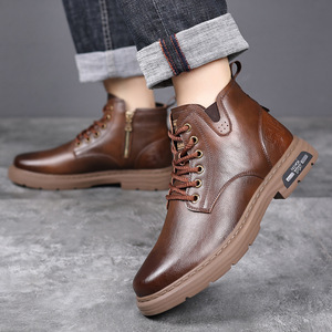 Bottes Martin pour hommes, à bout rond, talon épais, doublure en fourrure, semelle extérieure en caoutchouc antidérapante, style décontracté pour l'extérieur - Product Image 3