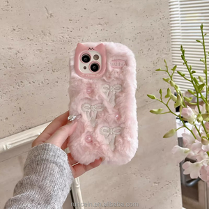 Funda de teléfono caliente invierno felpa perla arco para <span class=keywords><strong>Phone13</strong></span> 14 15 16 Pro Max funda a prueba de golpes lindo regalo de niña Original elegante - Product Image 5