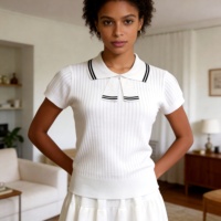 Soldes : Pull en maille taille unique, style preppy, col rabattu, col à nœud, léger et tendance, modèle trois-quarts