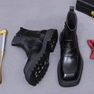 Bottes pour hommes en cuir véritable, style britannique, avec fermeture éclair latérale, chaudes, à bout carré, pour affaires, rehaussantes - Product Image 3
