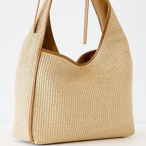 Medium <b>Tote</b> <b>Bag</b> Custom Women Natural Raffia Straw <b>Bags</b> Summer Beach <b>Tote</b> Woven Shoulder <b>Bag</b> <b>Faux</b> <b>Leather</b> Trim Travel Handbags - Product Image 1