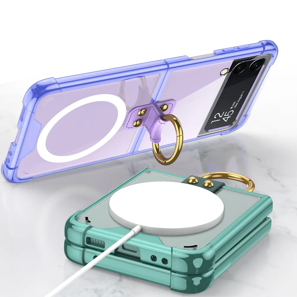 GKK Airbag Transparent Mobile Phone Case for Samsung Galaxy Z flip 3/Z Flip 4 Magsafe Ring Kickstand Anti-fall Protective Cover