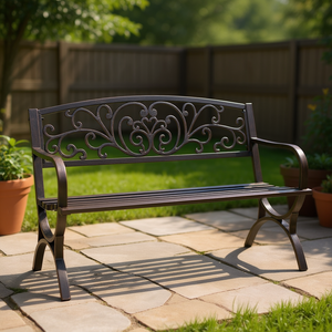 Banco de Patio de 50 Pulgadas con Respaldo de Mariposa, Estructura de Hierro, Acabado Bronce, Mueble Tradicional para Exteriores, Resistente al Agua, para Jardín o Hotel - Product Image 2