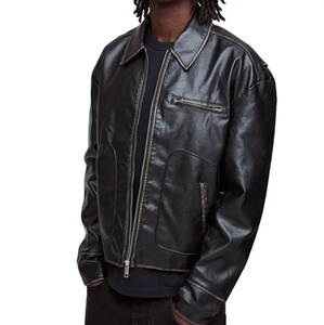 แจ็คเก็ตหนังผู้ชายคอตั้งแบบซิป ผลิตจากโพลีเอสเตอร์ผสมผ้าฝ้าย แฟชั่นฤดูใบไม้ร่วง ทรงเข้ารูป มีไซส์พลัส แจ็คเก็ตสไตล์นักขี่มอเตอร์ไซค์ - Product Image 4