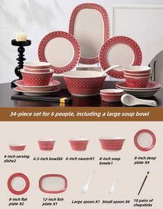 Ensemble de vaisselle en céramique à rayures rouges <span class=keywords><strong>Poterie</strong></span> rustique de style marocain et chinois traditionnel pour la cuisine, l'école, le café et le lave-vaisselle - Product Image 6