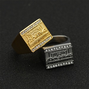Hip Hop Gold Plated Crystal <b>Rings</b> <b>Men</b> Stainless Steel Last Supper <b>Ring</b> - Product Image 3