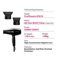 Sèche-cheveux professionnel FirePhoenix 8101X à moteur sans balais haute vitesse 2400W 23000RPM, contrôle des frisottis ionique négatif, pour salon et usage domestique