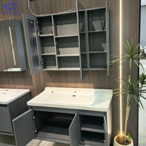 Meuble de salle de bain gris avec miroir intelligent, lavabo blanc, armoire murale - Product Image 6