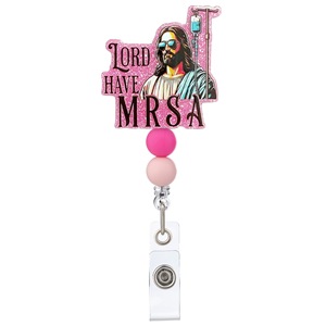 Best-selling Luxury Pink-coloured Soft <b>Silicone</b> <b>Bead</b> Acrylic Telescopic Rotating crocodile Clip Pull-tab ID Holder - Product Image 4