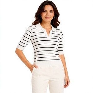 Polo en tricot rayé blanc et noir pour femme, manches courtes, col en V, décontracté, pour le bureau, chemise d'été, fournisseur en gros personnalisé - Product Image 5