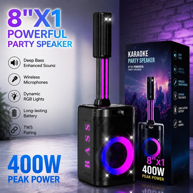 CSN-S8YX 8 Inch Column Party Speaker RGB LED Ring Light Wireless Microphone TWS Portable Karaoke Outdoor