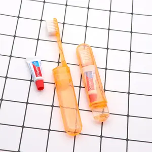 Conjunto de escova de dente de plástico, conjunto para viagem com pasta de dente no cabo