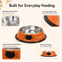 Bol pour animaux de compagnie en acier inoxydable OEM, imprimé visage de chat, base en caoutchouc antidérapante et imperméable, bol coloré pour nourriture et eau pour chats et chiens