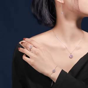 Conjuntos de Joyería de Plata de Ley 925 con Colgante de Trébol <span class=keywords><strong>Rosa</strong></span>, Collar, Anillo, Pendientes y Pulsera para Mujer, Venta al por Mayor - Product Image 2