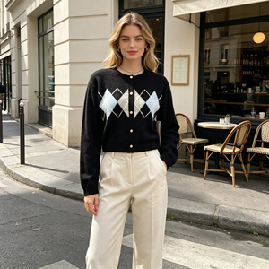 Cárdigan de Punto Personalizado para Mujer, <span class=keywords><strong>Guian</strong></span>, Nuevo, OEM y ODM, de Alta Calidad, con Diseño de Diamantes Intarsia, Manga Larga - Product Image 1