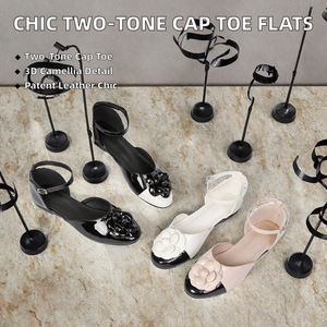 Chic Classic Solid Toe <b>Women</b> Slingback Flats 3D Camellia Ankle <b>Strap</b> Patent Leather Closed <b>Sandals</b> Summer Spring Daily Wear - Product Image 2