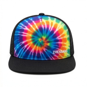 Personalized Tie Dye Foam Trucker <b>Hat</b> Custom 5 Panel <b>Flat</b> Brim Trucker <b>Hat</b> Adjustable Snapback Breathable Mesh Cap - Product Image 1