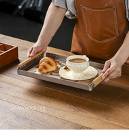 Grand plateau en acier inoxydable avec poignée en bois, plateau de service pour restaurant, buffet, fête à domicile