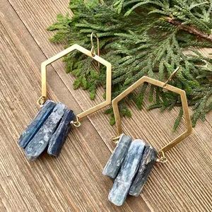 LS-D1256 Hot Selling Natural Blue Kyanite Earring with Geometric Drawing For Women Jewelry