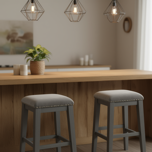 Counter Height Barstools Set Of 2 Gray Chenille <b>Upholstery</b> Nailhead <b>Trim</b> Wood Frame Casual Dining Furniture - Product Image 2