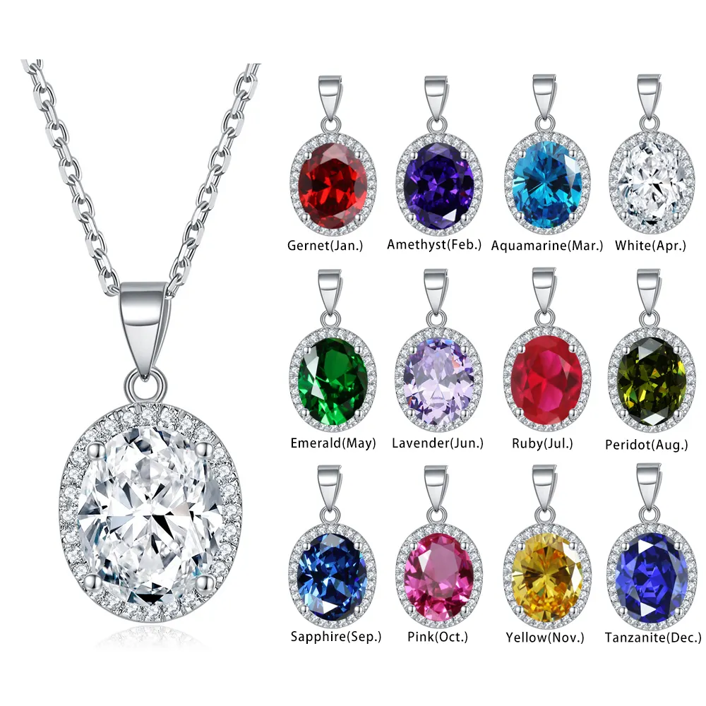 Halo Oval Shaped Pendant Jewelry Women Rhodium Plated 925 Sterling Silver Birthstone Necklaces