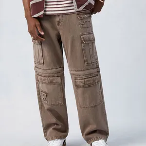 Pantalones vaqueros holgados informales con múltiples bolsillos de fabricante para hombre, pantalones vaqueros holgados de pierna ancha con cremallera marrón
