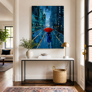 Peinture à l'huile artisanale sur toile, paysage urbain pluvieux, parapluie rouge, rue nocturne urbaine, <span class=keywords><strong>art</strong></span> mural pour la décoration de l'hôtel, du bureau, de l'appartement, du hall - Product Image 4