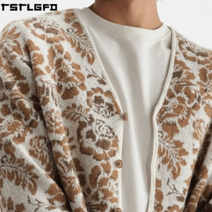 Cardigan Jacquard Personnalisé en Cire pour Homme, Motif Floral Crème, Col en V, Boutonné, Streetwear, Pulls pour Homme, Fabricants en Gros - Product Image 3