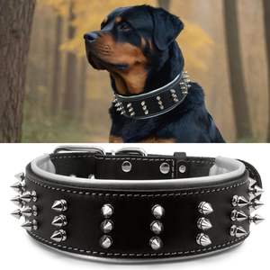 Collar para mascotas con pinchos de cuero genuino hecho a mano de primera calidad Collar de perro de cuero resistente de 2,2 pulgadas de ancho - Product Image 1
