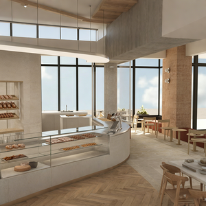 <span class=keywords><strong>Comptoir</strong></span> de <span class=keywords><strong>service</strong></span> de boulangerie incurvé avec vitrine en verre et rangement ouvert, station de bar commerciale au look béton moderne - Product Image 4