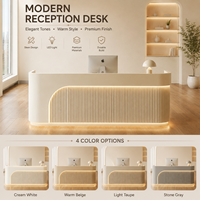 Comptoir d'accueil à panneaux cannelés avec éclairage LED, taille personnalisée, blanc crème, pour salon de beauté, spa, hôtel, bureau, avec armoires de rangement