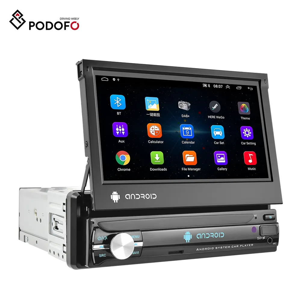 Podofo 1 Din Android 10 Autoradio Autoradio 7 "Touch Screen retrattile GPS Wifi BT FM RDS AUX Autoradio Stereo