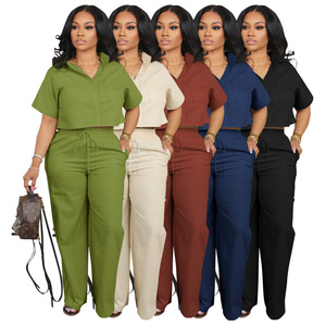 AL269 Set da <span class=keywords><strong>Donna</strong></span> Personalizzato 2 Pezzi: Camicia a Maniche Corte e <span class=keywords><strong>Pantaloni</strong></span> a Gamba Larga, Abbigliamento Casual da Ufficio per l'Estate - Product Image 1