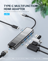 Hub USB-C 6-en-1 avec HDMI, USB 3.0, Ethernet et chargement PD pour ordinateur portable, station d'extension et station d'accueil pour poste de travail