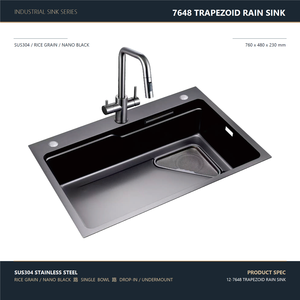 Fregadero de Cocina de Una Sola Cubeta Tipo Estación de Trabajo 760x480mm de Acero Inoxidable 304 Negro Nano con Diseño Trapezoidal de Grano de Arroz, Incluye Grifo de Lluvia - Product Image 1