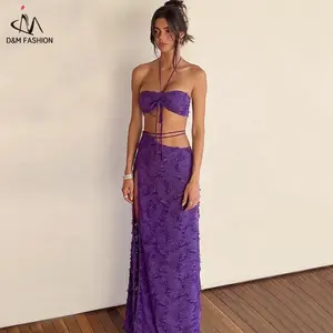 D&M 2022 Summer Elegant Woman Beach Party Co-ord Sets Maxi Skirt And Crop Top Set Sexy Outfits Purple Two Piece Sets