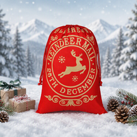 Sac de Noël Rouge en Gros avec Cordon de Serrage, Imprimé Renne, Style Vintage, pour Cadeaux et Rangement, Emballage Cadeau