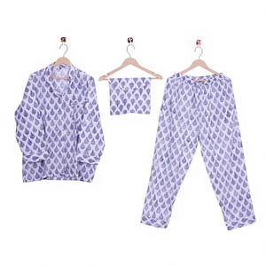 Nuevo Conjunto de Pijama de 3 Piezas de Algodón Floral Tejido para Mujer, Estilo Veraniego, Unisex, Transpirable, de Secado Rápido, Cintura Elástica, Mangas Largas - Product Image 1
