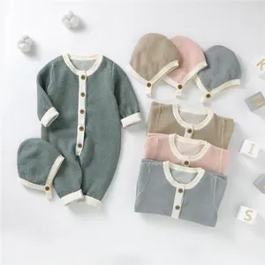 2024 Knitted Baby Clothes Hot Sale Ropa Para Bebes Solid Color Baby Bodysuits With Matching Hats