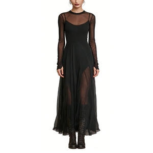 เดรสยาวผ้าตาข่ายซีทรูแขนยาวสำหรับผู้หญิง ทรงเอไลน์ชายกระโปรงไม่สมมาตร ชุดราตรีแฟชั่นสำหรับผู้หญิง - Product Image 4