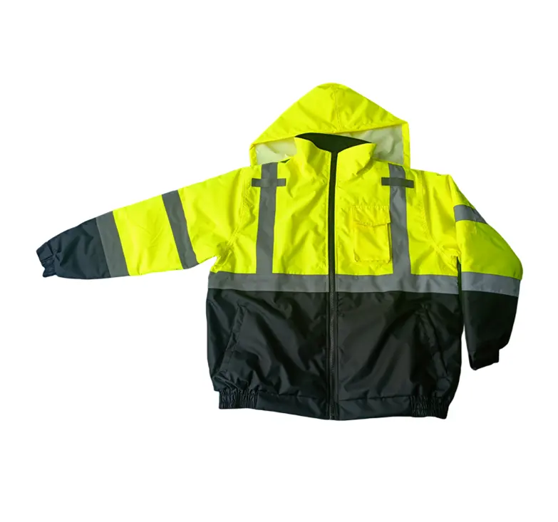 Hi Vis Yellow Lime Jacket、黒底反射Bomberジャケット