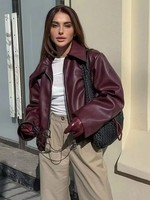 ZEVITY – veste en simili cuir rouge vin, style streetwear, pour l'automne et l'hiver, vêtement d'extérieur tendance, fermeture éclair standard, col rabattable, manteaux en PU
