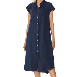 Vestidos Midi de Algodón y Lino para Mujer, al por Mayor, Personalizados, OEM, de Alta Calidad, con Cuello Alto, Bolsillos y Cierre de Botón - Product Image 1