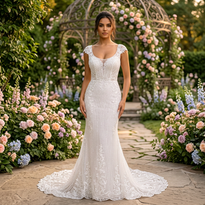 Hand Beaded Sleeveless V-Neck Modern Bridal Dress Crystal Embroidery Draped Satin Skirt Natural Waistline Floor-Length Sweep - Product Image 1