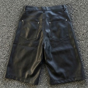 Men's Black <b>PU</b> Coated Bermuda <b>Shorts</b> High Waist Moto Biker Style With Pockets Button Fly Solid Color Woven Fabric - Product Image 1