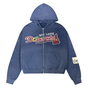 Sudadera con capucha informal de gran tamaño con cremallera, estilo retro deportivo, con parche tejido y detalles de diamantes de imitación en degradado, lavado vintage, ODM OEM - Product Image 1