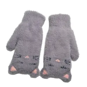Оптовая продажа, женские зимние перчатки, вязаные флисовые варежки с кошачьим дизайном