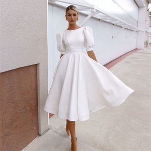 Ruolai SW004 semplice satinato maniche a sbuffo <span class=keywords><strong>abito</strong></span> da sposa corto O collo al ginocchio schiena aperta <span class=keywords><strong>abito</strong></span> da sposa <span class=keywords><strong>Midi</strong></span> - Product Image 1